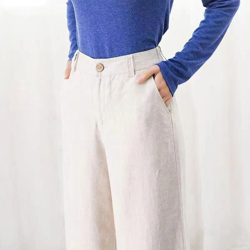 Pantalones de mujer - Aspecto lino - Cintura alta - Pierna ancha - Estilo veraniego 