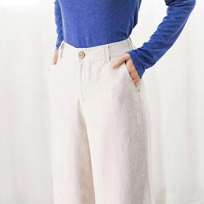 Pantalones de mujer - Aspecto lino - Cintura alta - Pierna ancha - Estilo veraniego 