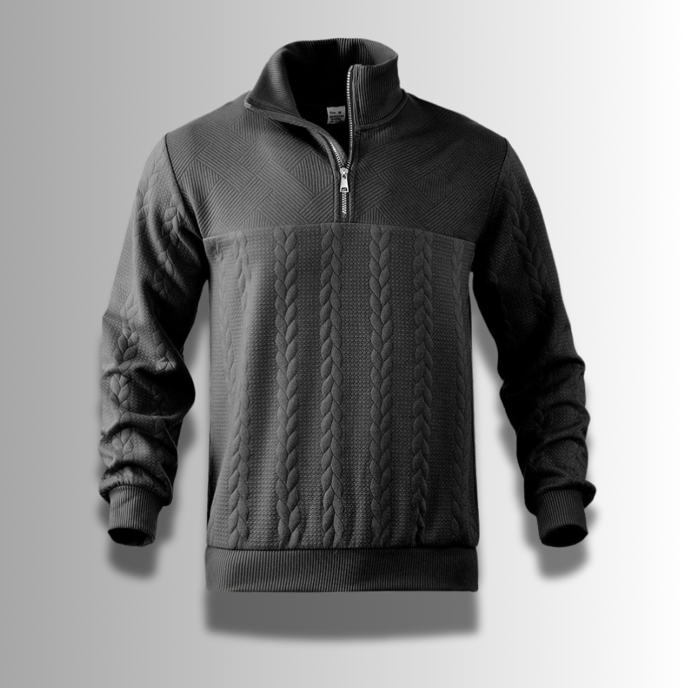 Pull en laine gris foncé avec col zippé, motif torsadé, manches longues. Mode hiver, vêtement chaud, style élégant et confortable.