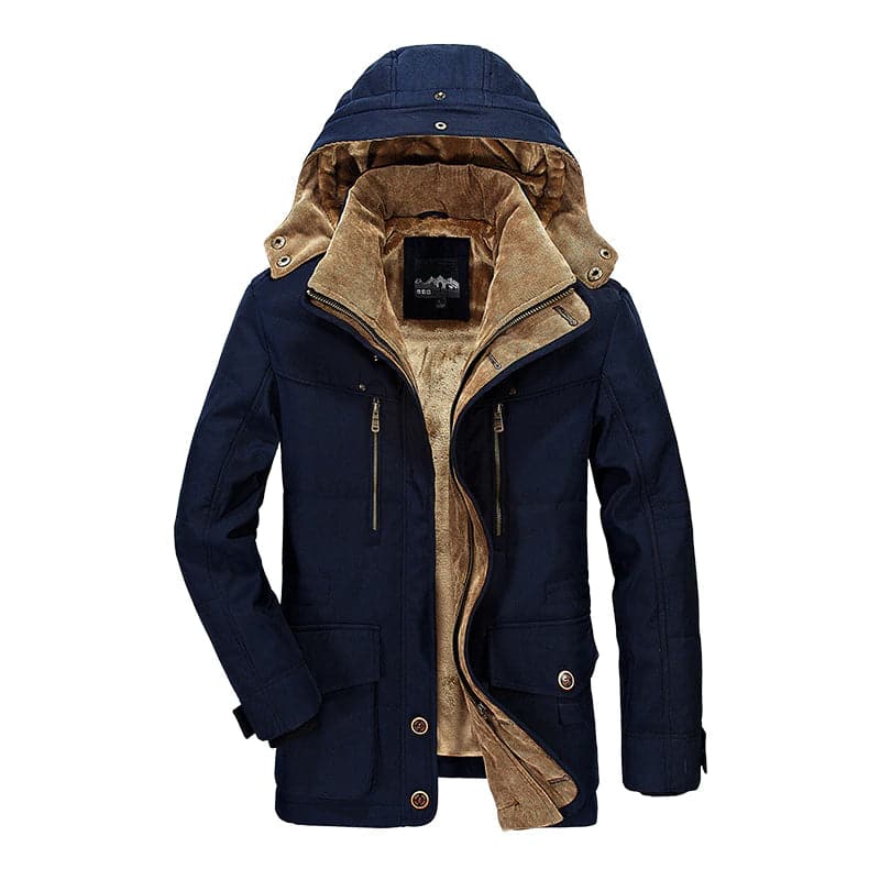 Veste d'hiver homme bleu marine avec capuche, doublure en fourrure beige, fermeture éclair, boutons, poches zippées. Mode masculine, manteau chaud.