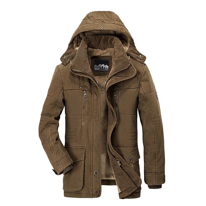 Veste d'hiver marron pour homme avec capuche, fermeture éclair et boutons, poches multiples. Style décontracté, idéale pour temps froid.