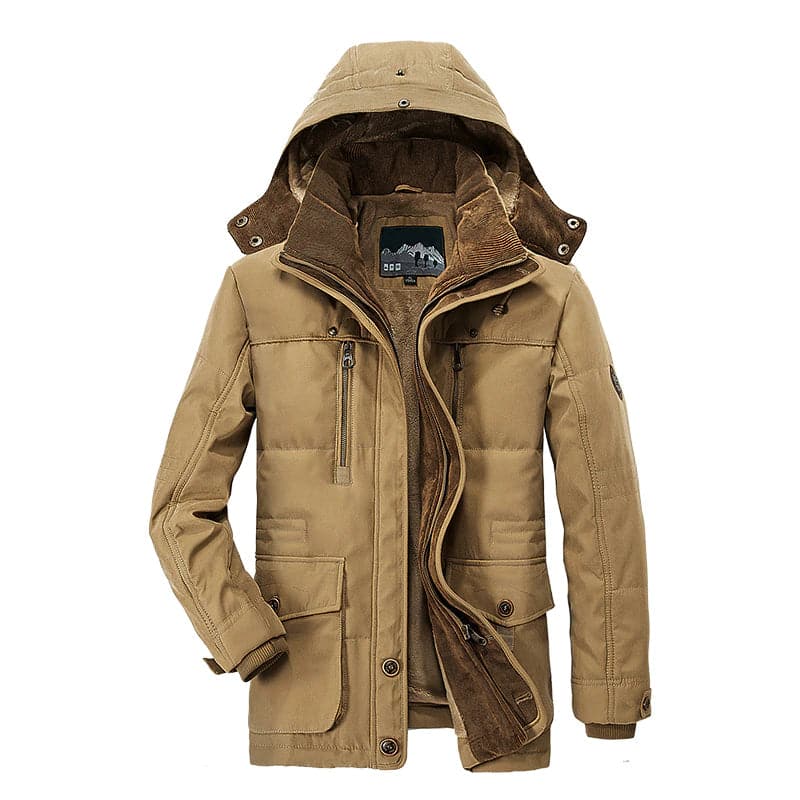 Veste d'hiver marron pour homme avec capuche, poches multiples et doublure chaude. Idéale pour temps froid. Mode masculine, manteau chaud.
