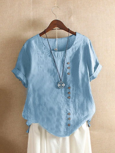 Blusa de lino para mujer - Cierre asimétrico con botones - Mangas cortas