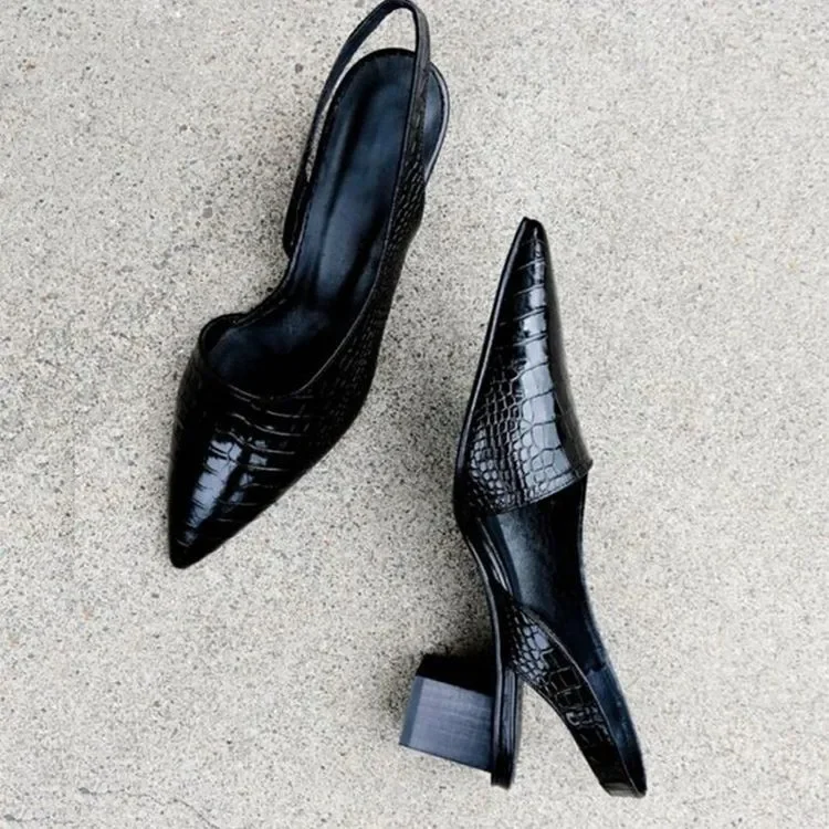 Zapatos de tacón slingback para mujer: punta puntiaguda con tacón de bloque y textura de cocodrilo