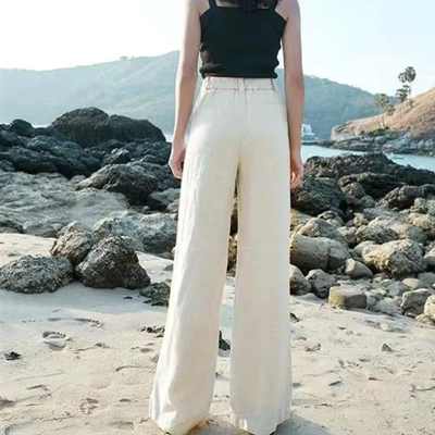 Pantalones de mujer - Aspecto lino - Cintura alta - Pierna ancha - Estilo veraniego 