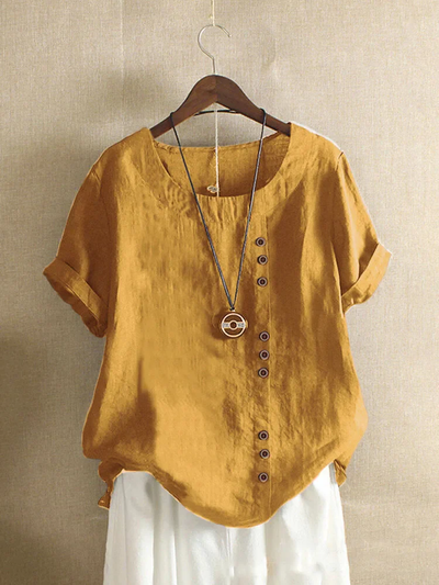 Blusa de lino para mujer - Cierre asimétrico con botones - Mangas cortas