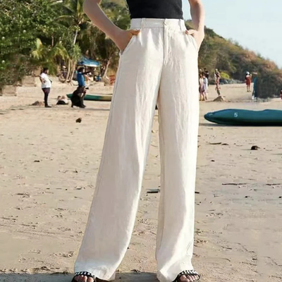 Pantalones de mujer - Aspecto lino - Cintura alta - Pierna ancha - Estilo veraniego 