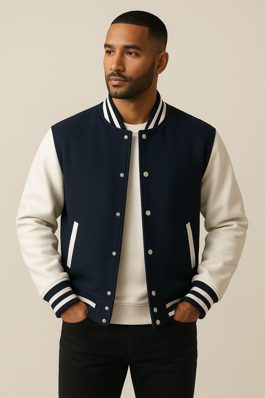 Homme portant un blouson varsity bleu marine et blanc, manches contrastées, col rayé, style décontracté, mode masculine tendance.