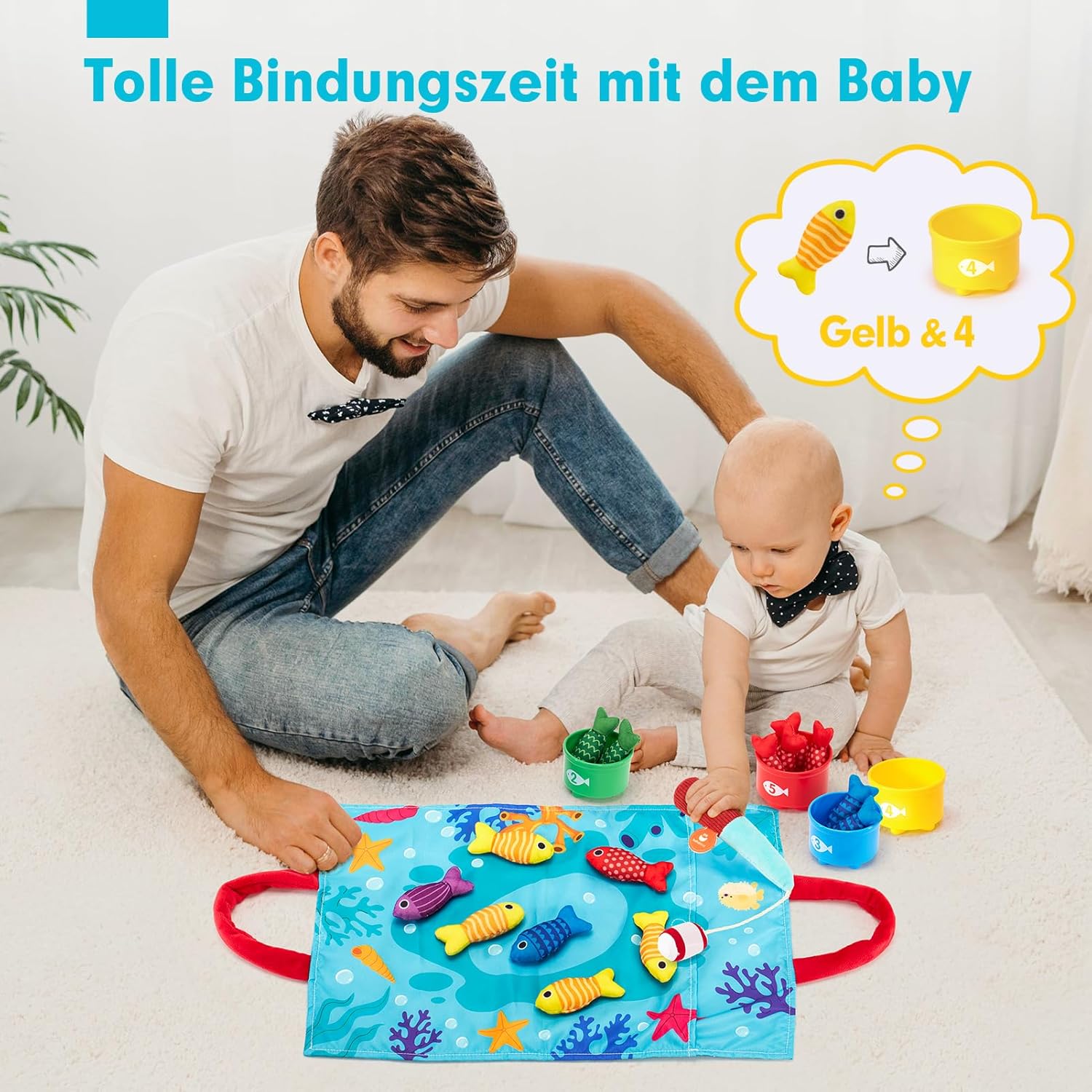 Papa et bébé jouent ensemble sur un tapis éducatif coloré avec des jouets en forme de poissons. Activité ludique pour renforcer les liens familiaux.