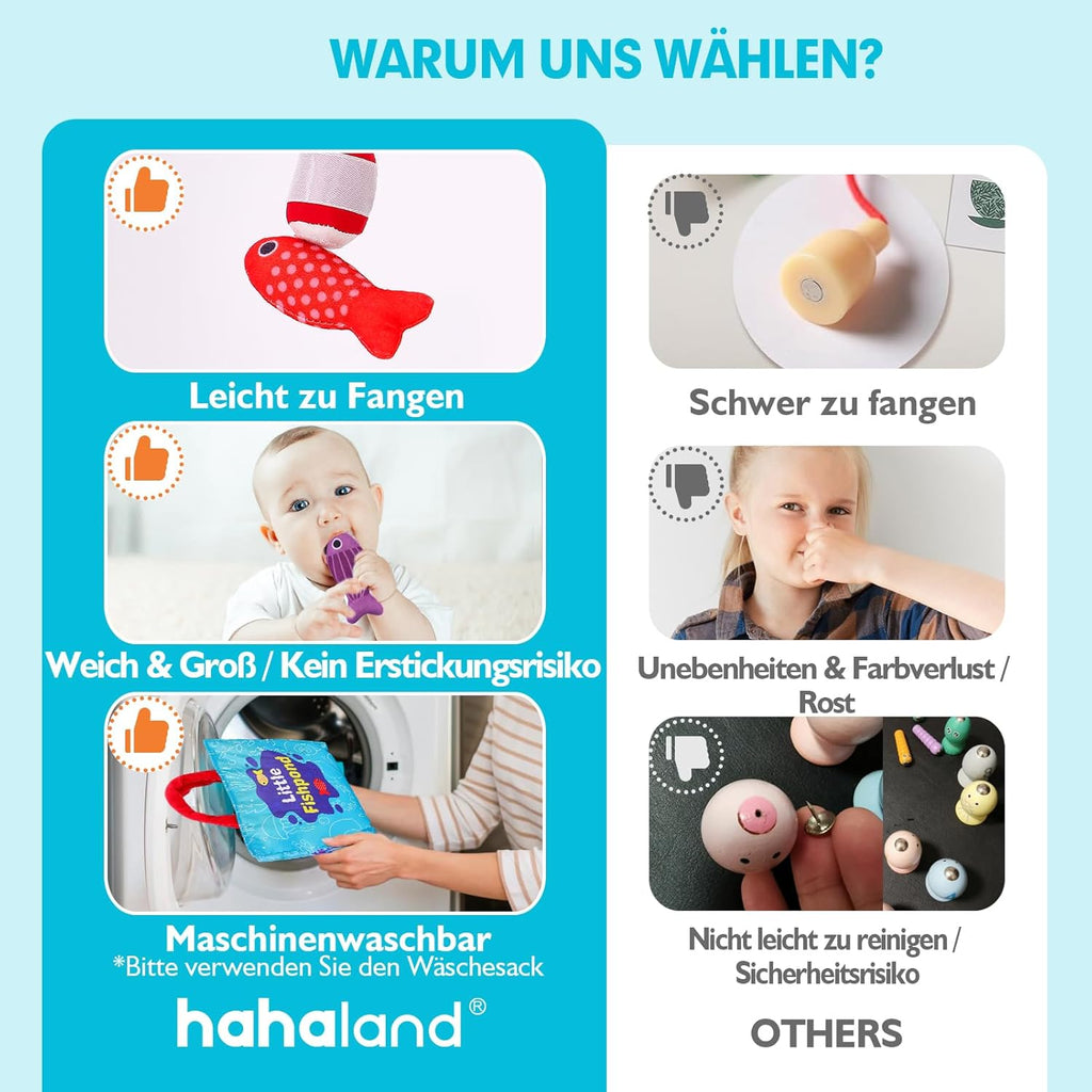 Comparaison de jouets pour enfants : poisson rouge en tissu facile à attraper, jouet en bois difficile à saisir, lavable en machine, sans risque d'étouffement.
