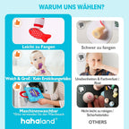 Comparaison de jouets pour enfants : poisson rouge en tissu facile à attraper, jouet en bois difficile à saisir, lavable en machine, sans risque d'étouffement.