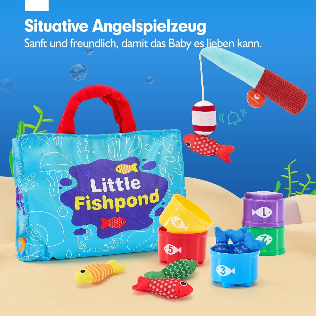 Jouet de pêche pour bébé avec canne à pêche, poissons en tissu colorés, seau numéroté, sac de rangement bleu. Idéal pour éveil et motricité.