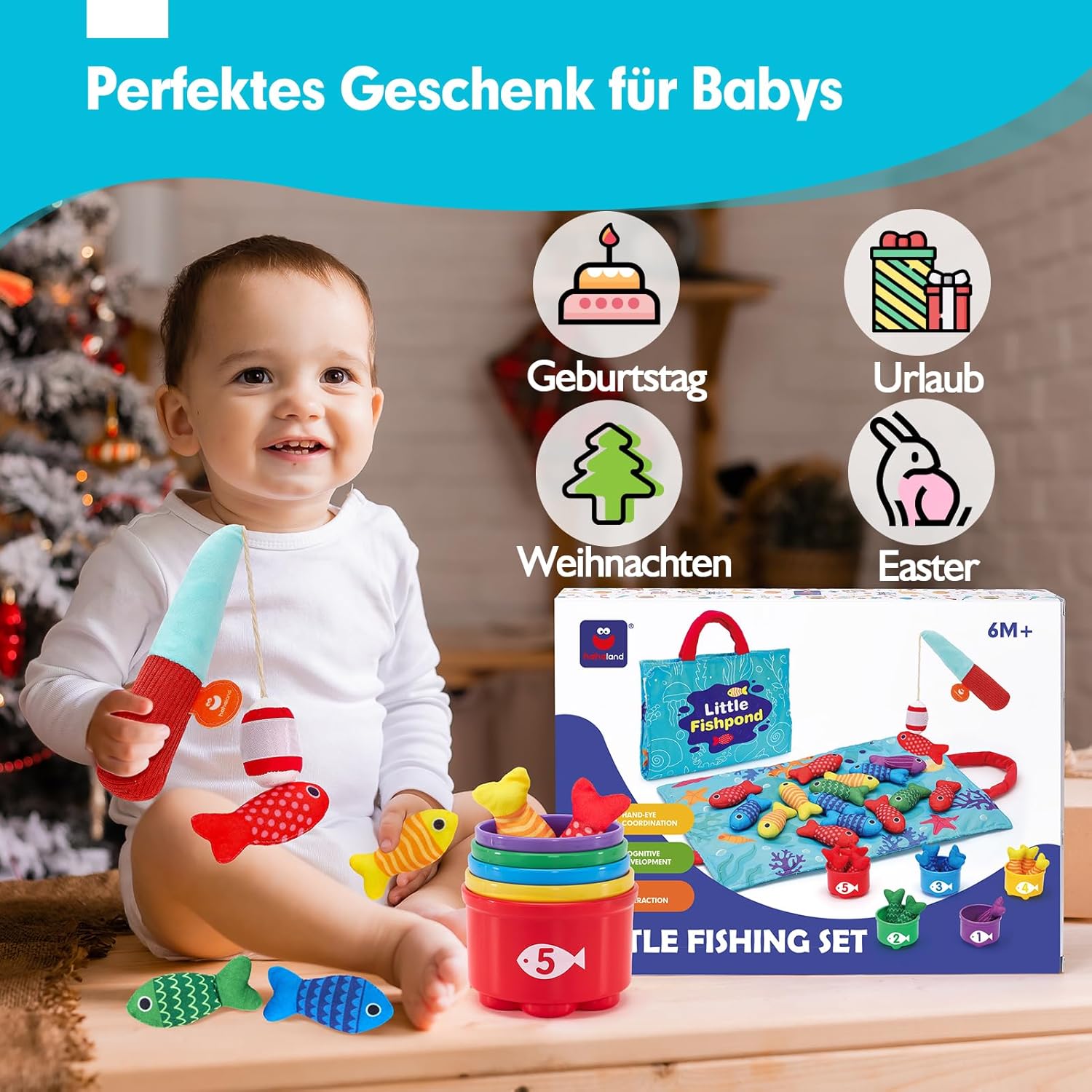 Bébé jouant avec un ensemble de pêche coloré, idéal pour cadeaux de naissance, Noël, Pâques. Jouet éducatif pour enfants de 6 mois et plus.