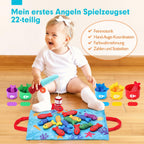Bébé jouant avec un ensemble de pêche éducatif coloré, 22 pièces, favorisant la motricité fine et la coordination œil-main. Jouet d'apprentissage.