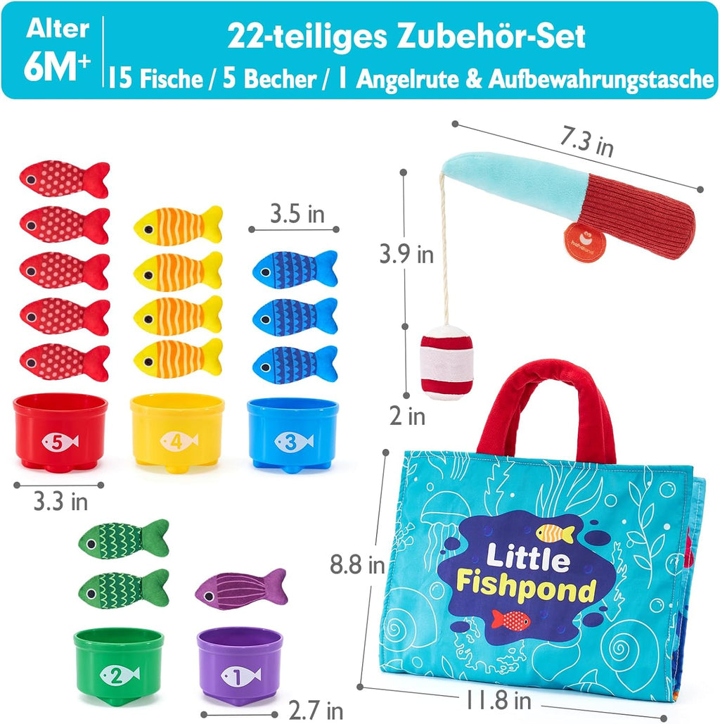 Set de pêche pour enfants, 22 pièces : 15 poissons colorés, 5 seaux numérotés, canne à pêche, sac de rangement. Jouet éducatif dès 6 mois.