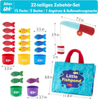 Set de pêche pour enfants, 22 pièces : 15 poissons colorés, 5 seaux numérotés, canne à pêche, sac de rangement. Jouet éducatif dès 6 mois.