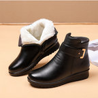 Bottes d'hiver noires pour femme avec doublure en fourrure blanche, fermeture éclair latérale, semelle antidérapante, idéales pour temps froid.