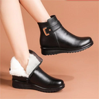 Bottes noires en cuir pour femme avec doublure en fourrure blanche, fermeture éclair latérale, boucle décorative, semelle antidérapante.