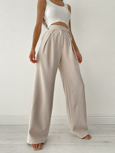 Pantalones anchos de mujer - cintura alta - parte delantera plisada - corte elegante y fluido