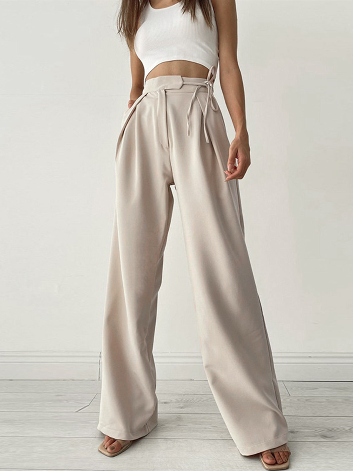 Pantalones anchos de mujer - cintura alta - parte delantera plisada - corte elegante y fluido