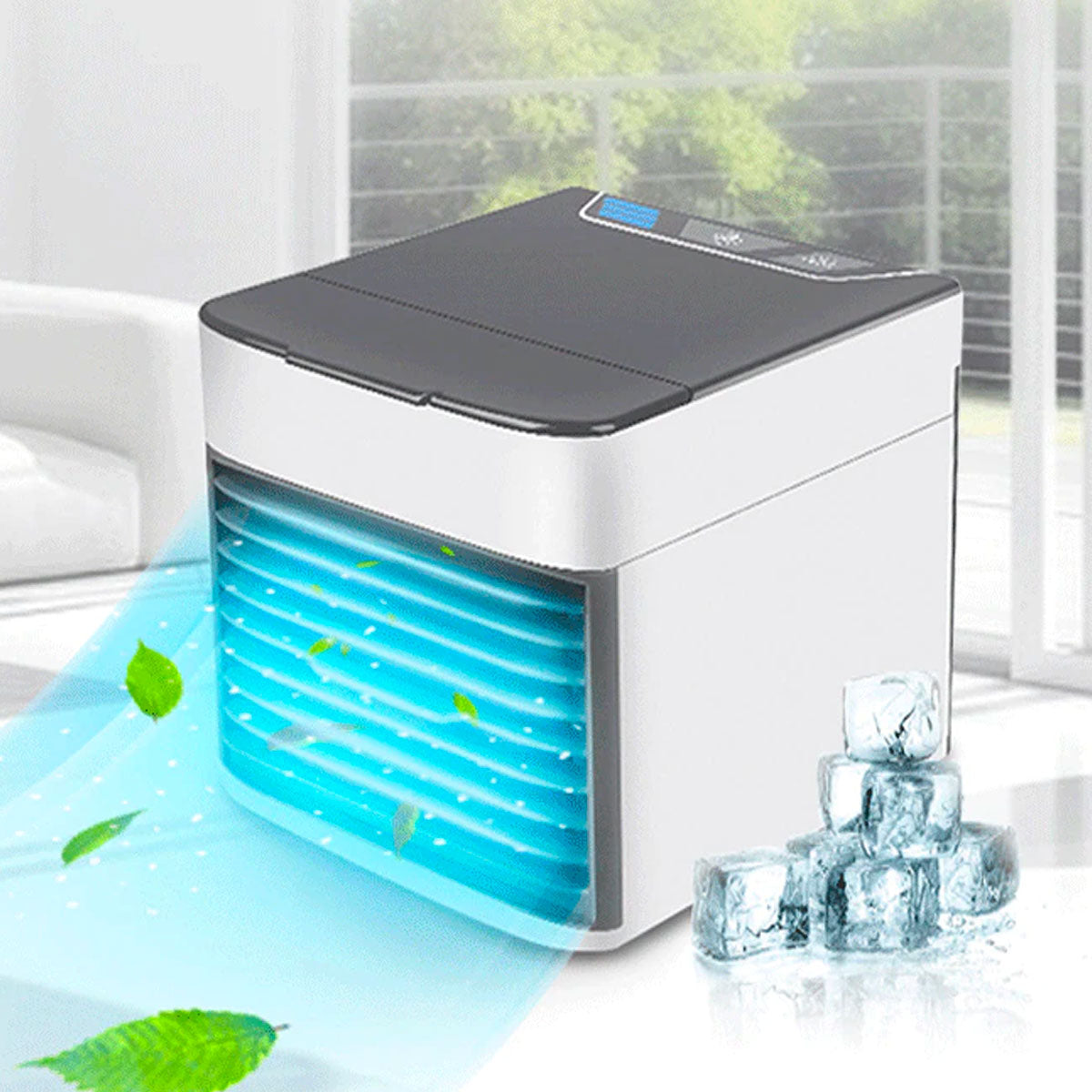 Mini climatiseur portable avec effet de refroidissement, feuilles et glaçons, intérieur lumineux. Appareil de climatisation compact et efficace.