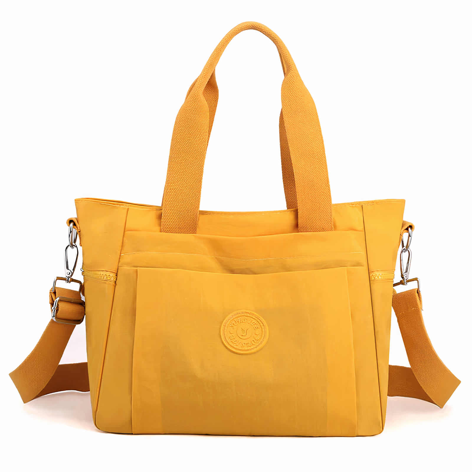 Sac à main jaune en toile avec bandoulière amovible, poches extérieures zippées et logo central. Accessoire mode femme tendance et pratique.