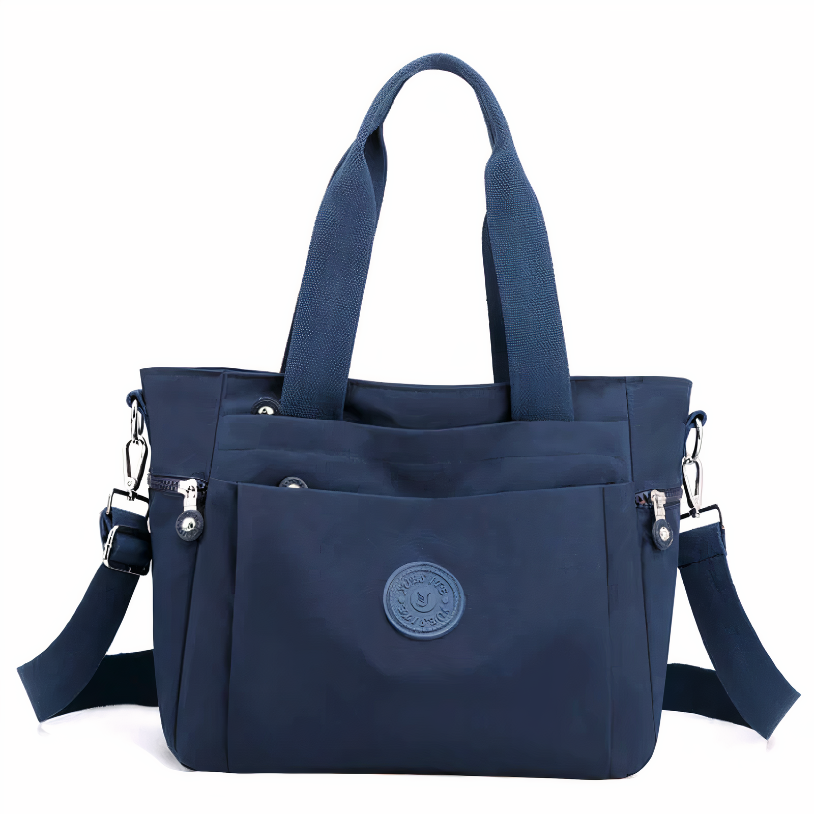Sac à main bleu marine en nylon avec bandoulière amovible, poches zippées et logo circulaire. Accessoire mode femme, pratique et élégant.