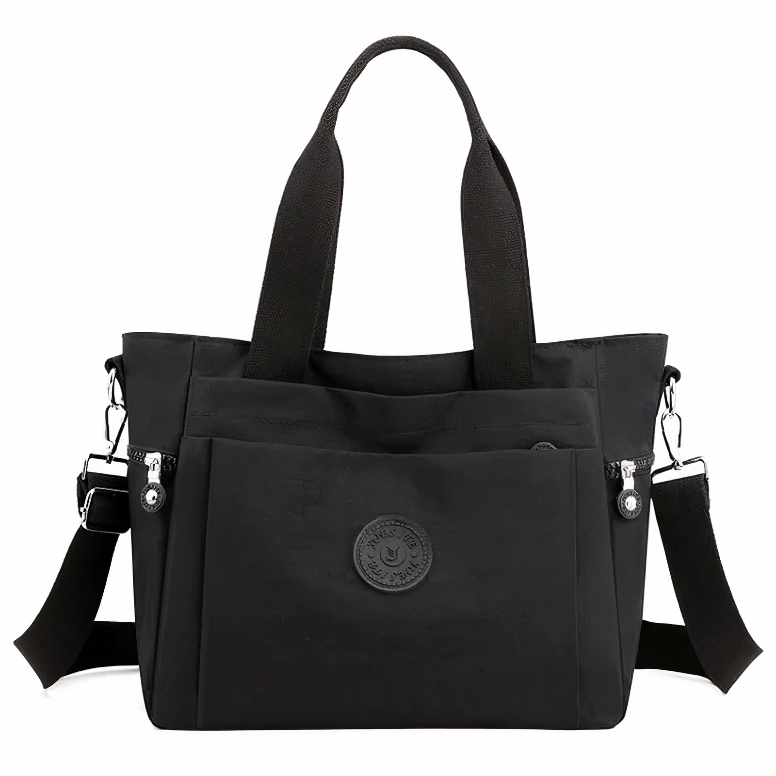 Sac à main noir en toile avec bandoulière amovible, poches zippées et logo circulaire. Élégant et pratique pour un usage quotidien.