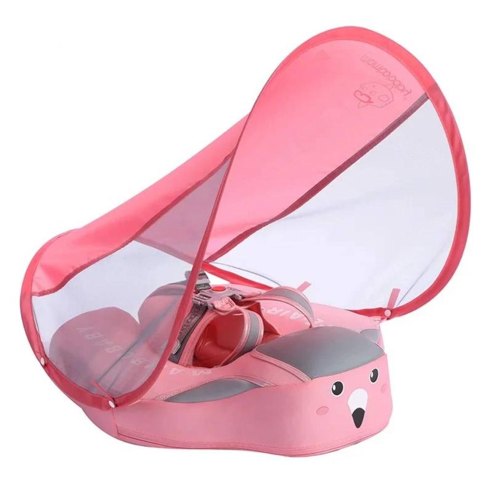 Flotteur bébé rose avec auvent, motif animal, sécurité piscine, protection solaire, siège gonflable, idéal baignade enfant, été.