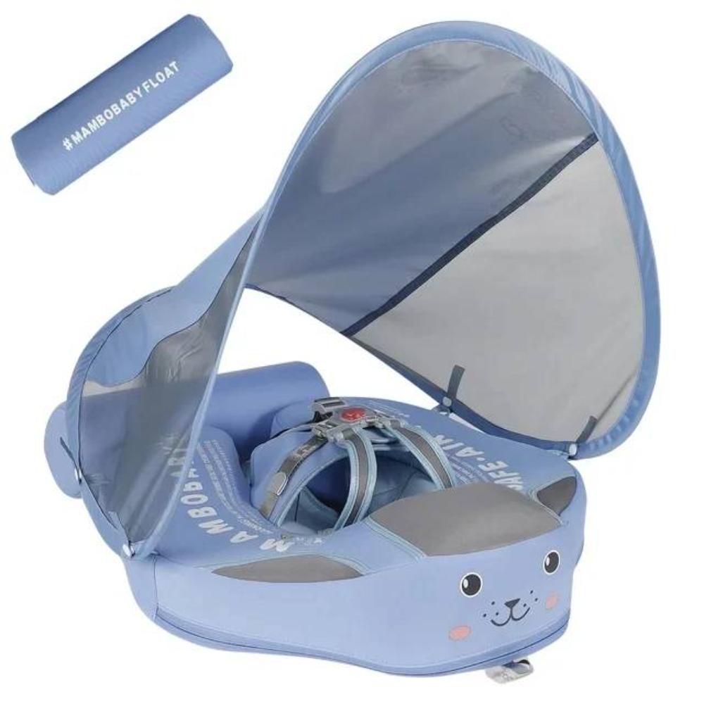 Bouée bébé bleue avec auvent amovible, motif chat, ceinture de sécurité, idéale pour piscine. Flotteur gonflable pour enfants, protection solaire.