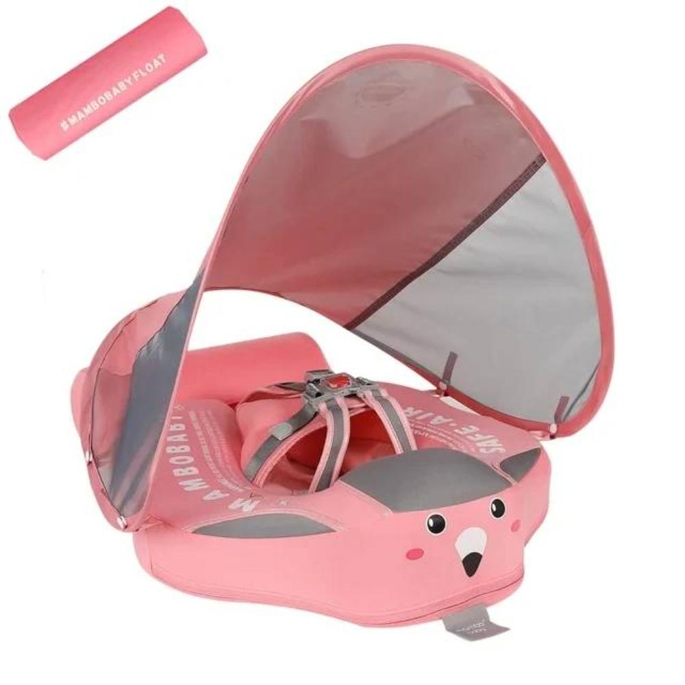 Flotteur bébé rose avec auvent, motif animal, sécurité piscine, protection solaire, idéal pour baignade enfant, confort et sécurité assurés.