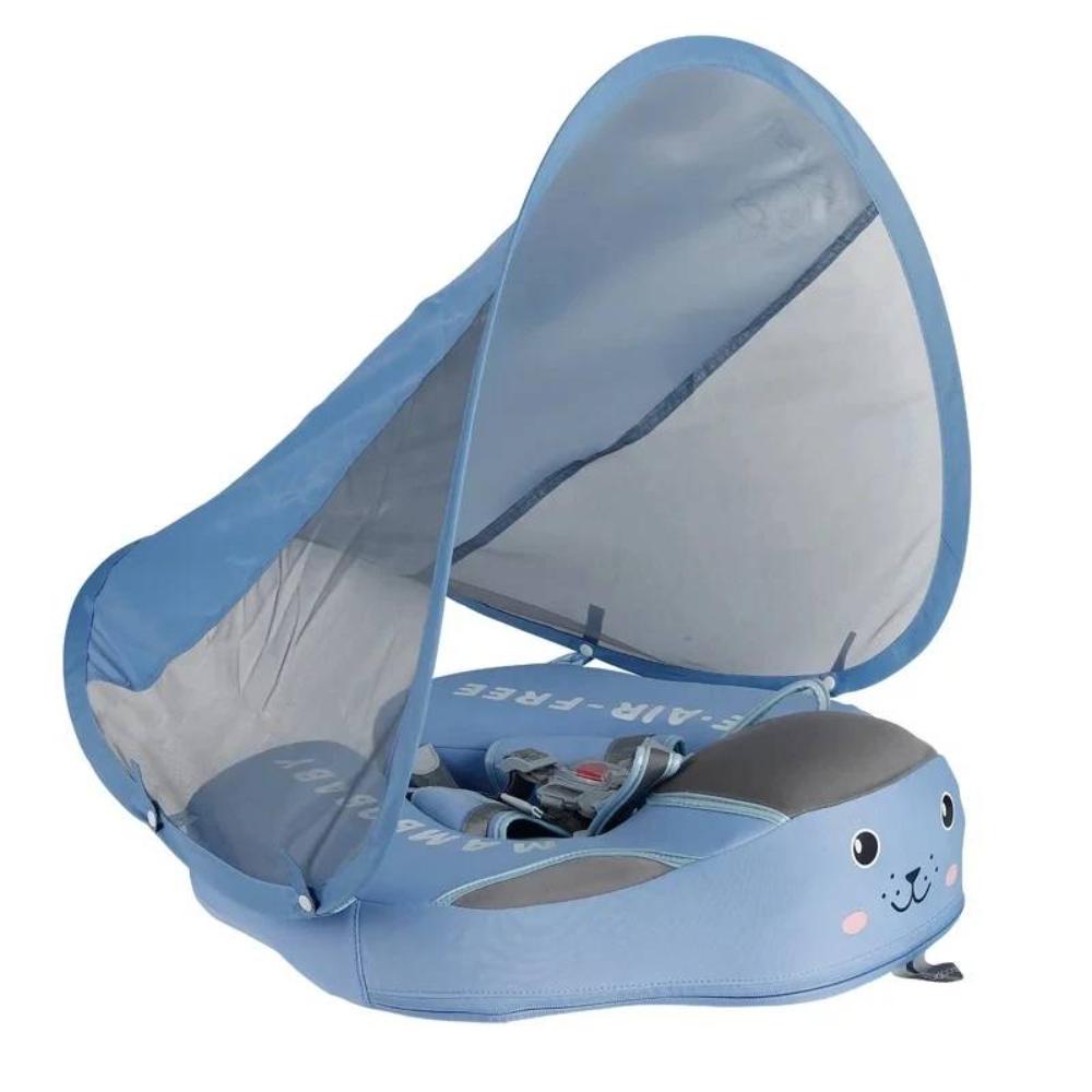 Flotteur bébé bleu avec auvent, motif animal mignon, idéal pour piscine. Sécurité et confort pour enfants, protection solaire intégrée.