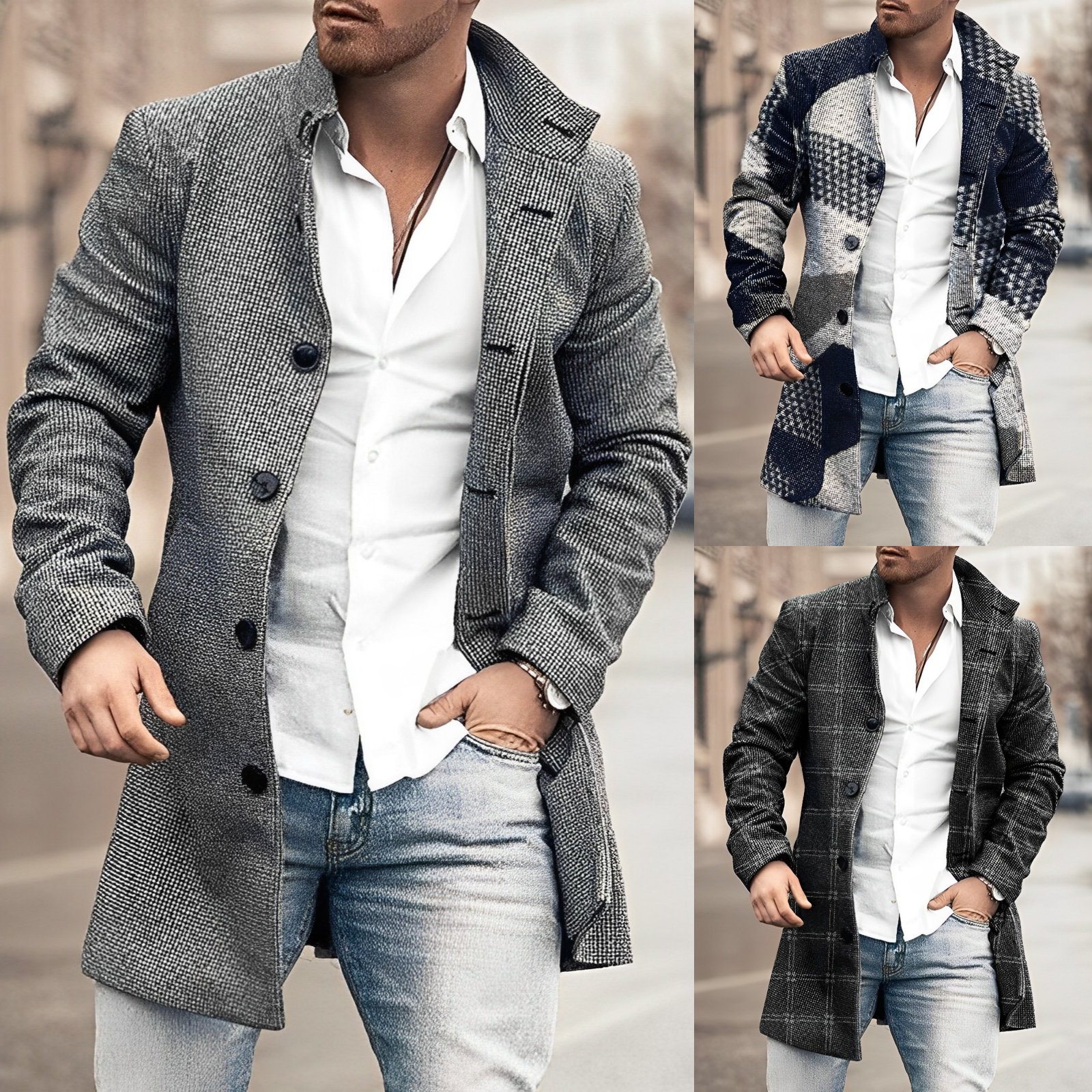 Homme portant un manteau élégant en laine grise, chemise blanche et jean, mode masculine automne-hiver, style urbain chic.