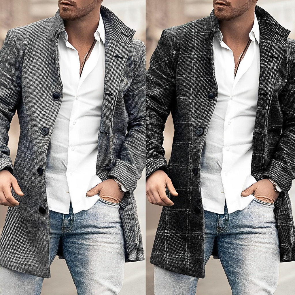 Homme portant un manteau en tweed gris, chemise blanche et jean décontracté, mode masculine élégante, style automne-hiver urbain.