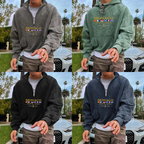 Quatre sweat-shirts colorés avec logo "Monaco" portés par un homme devant une voiture et des palmiers, mode urbaine tendance.