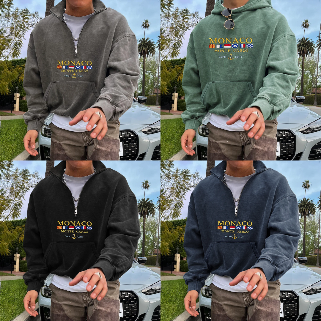 Quatre sweat-shirts colorés avec logo "Monaco" portés par un homme devant une voiture et des palmiers, mode urbaine tendance.