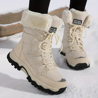 Bottes d'hiver beiges pour femme avec doublure en fourrure, semelle antidérapante, idéales pour la neige. Chaussures chaudes et confortables.