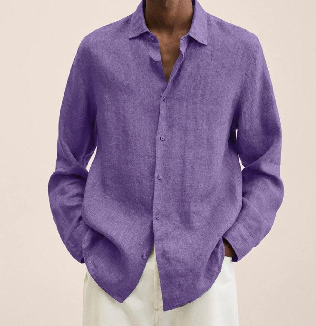 Chemise en lin violet pour homme, manches longues, col classique, boutons, style décontracté, idéale pour mode estivale et élégance décontractée.
