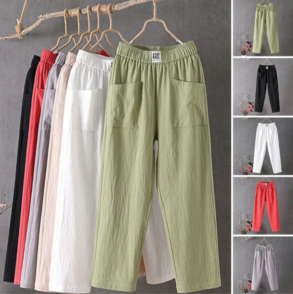 Pantalons en lin pour femmes, disponibles en plusieurs couleurs: vert, blanc, noir, rouge, beige. Style décontracté avec poches avant.