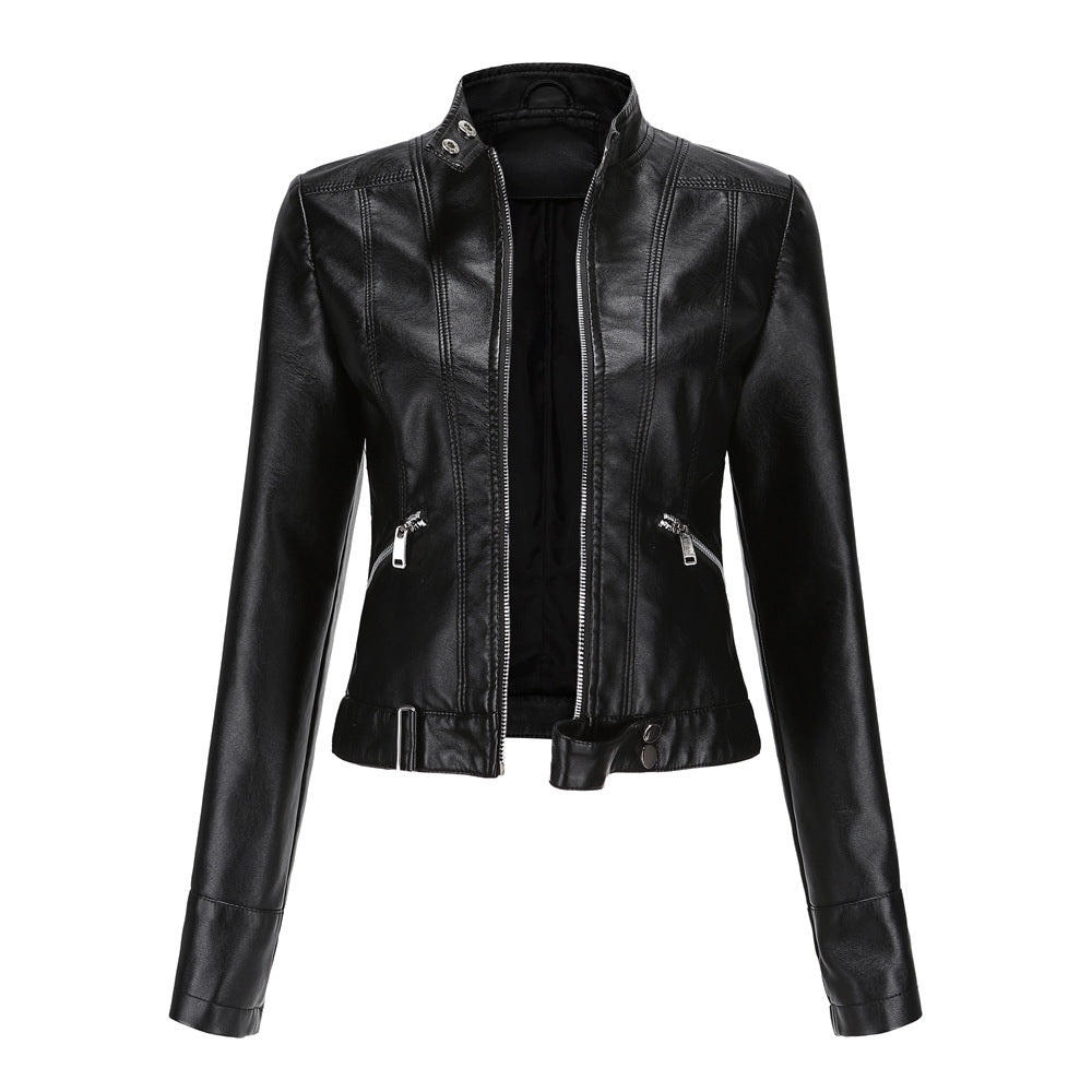 Veste en cuir pour femmes avec fermeture éclair, col montant et ceinture