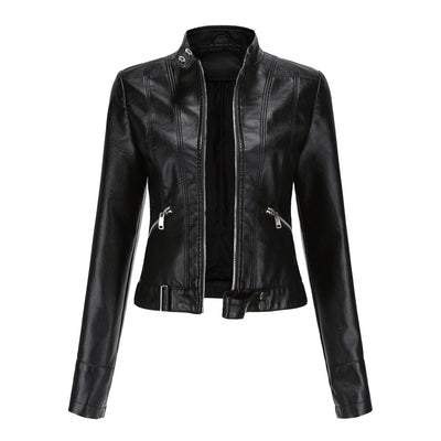 Veste en cuir pour femmes avec fermeture éclair, col montant et ceinture
