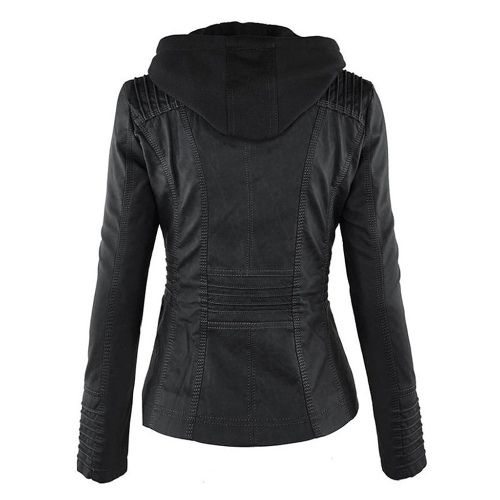 Veste en cuir noir pour femme avec capuche, design moderne et coutures détaillées, vue de dos. Mode automne-hiver, style urbain chic.