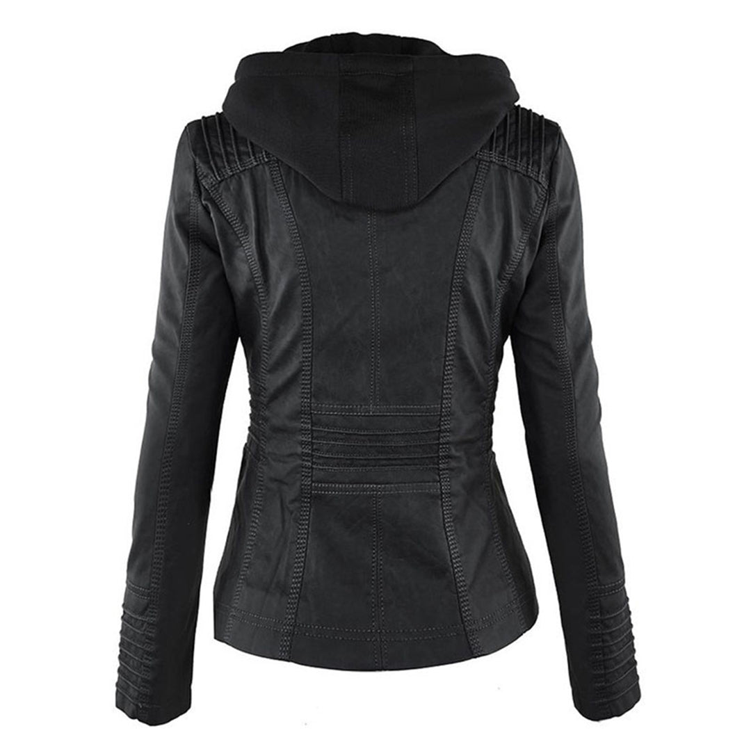 Veste en cuir noir pour femme avec capuche, design moderne et coutures détaillées, vue de dos. Mode féminine, vêtement tendance automne-hiver.