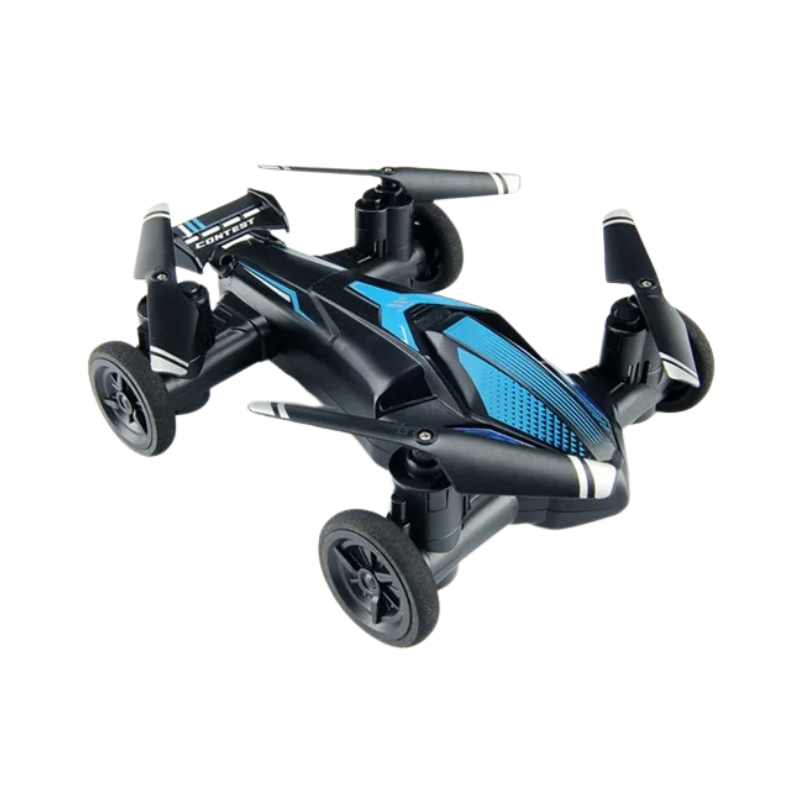 Drone quadricoptère noir et bleu avec roues, design aérodynamique, idéal pour vol et conduite. Technologie avancée, polyvalence, haute performance.