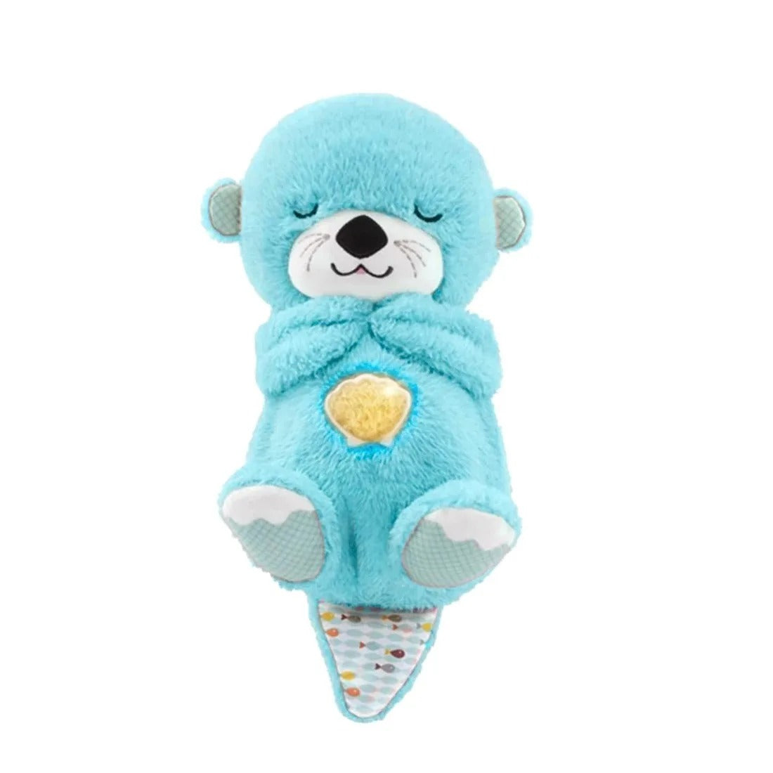 Peluche loutre bleue mignonne avec cœur jaune, yeux fermés, idéale pour enfants. Jouet doux et câlin, parfait pour cadeau ou décoration chambre bébé.