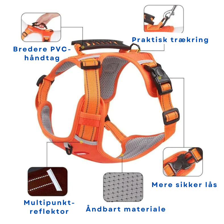 Harnais pour chien orange avec poignée en PVC, réflecteur multipoint, matériau respirant, boucle de sécurité, et anneau de traction pratique.