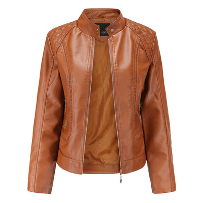 Veste en cuir à col montant pour femmes