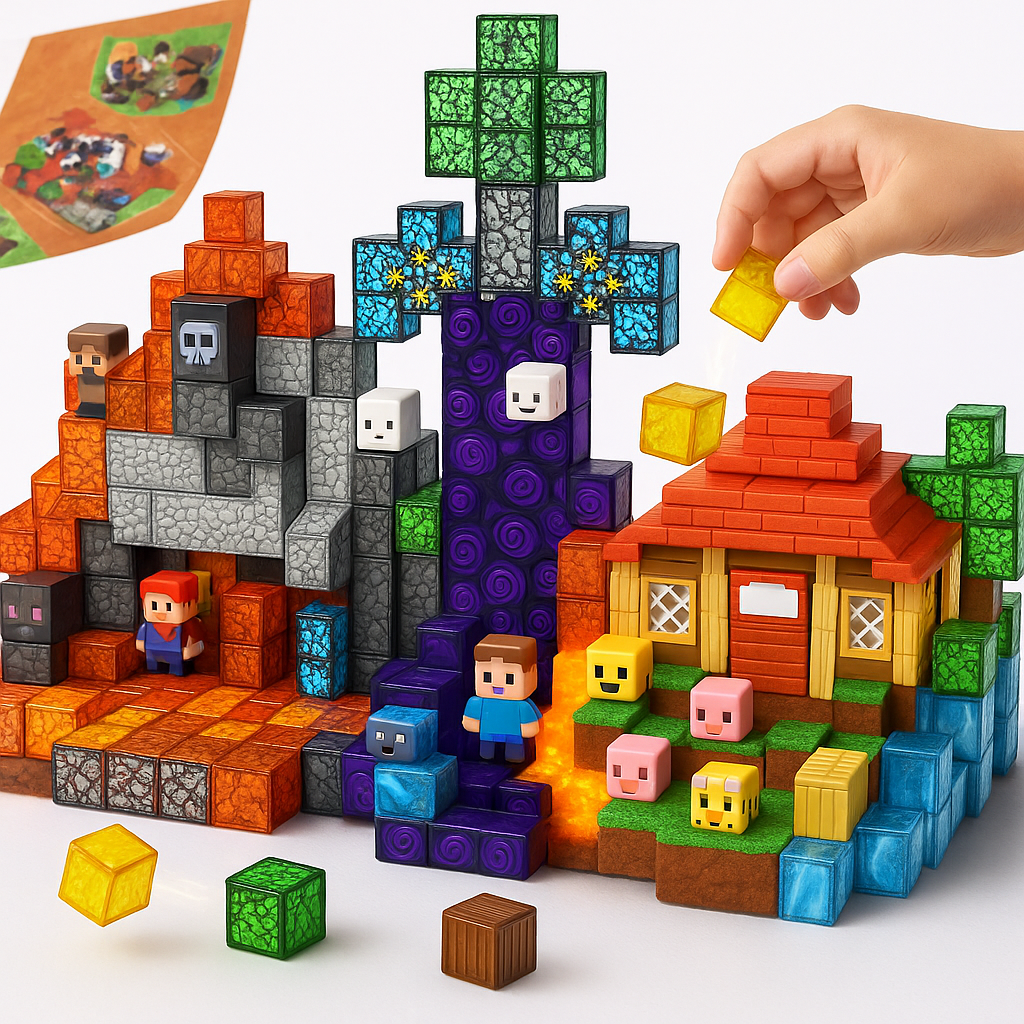 Enfant jouant avec des blocs de construction colorés inspirés de Minecraft, créant une scène avec personnages, maison et arbres. Jouet éducatif créatif.