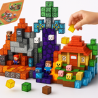 Enfant jouant avec des blocs de construction colorés inspirés de Minecraft, créant une scène avec personnages, maison et arbres. Jouet éducatif créatif.