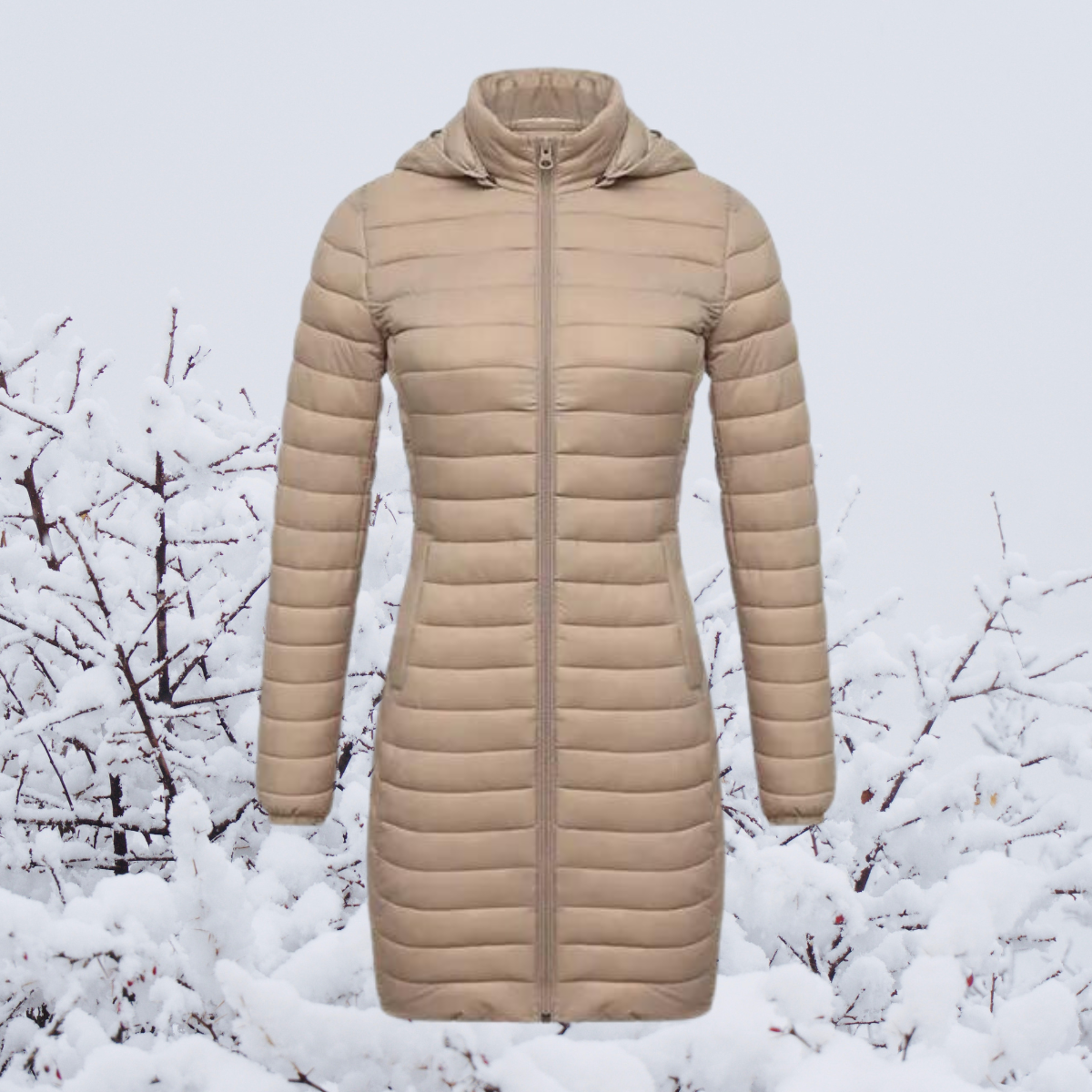 Doudoune beige à capuche pour femme sur fond de neige, idéale pour l'hiver. Manteau long, matelassé, chaud et élégant. Mode hiver femme.